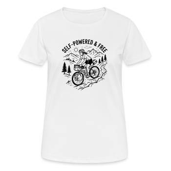 Bikepacking Woman Linocut Kunstdruck - Frauen T-Shirt atmungsaktiv - Weiß - Vorne - AI Model Female 172 dark (172cm)