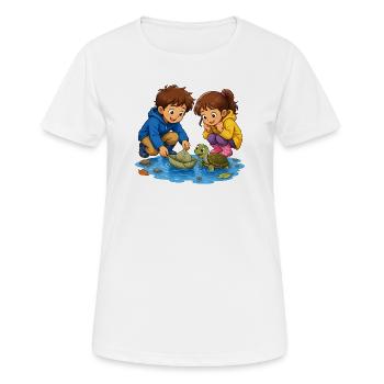 Kinder Schildkröte Blattboot in Pfütze Süß Motiv - Frauen T-Shirt atmungsaktiv - Weiß - Vorne - AI Model Female 172 dark (172cm)