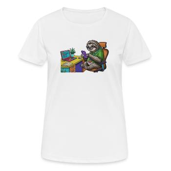 Paresseux de bureau avec ordinateur portable et smartphone - T-shirt respirant Femme - blanc - Devant - AI Model Female 172 dark (172cm)