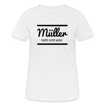 Müller Namensschild - Frauen T-Shirt atmungsaktiv - Weiß - Vorne - AI Model Female 172 dark (172cm)