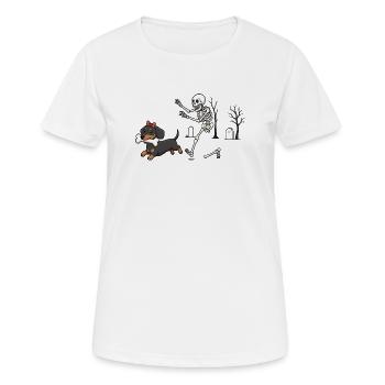 Dackel und Skelett Halloween-Jagd - Frauen T-Shirt atmungsaktiv - Weiß - Vorne - AI Model Female 172 dark (172cm)