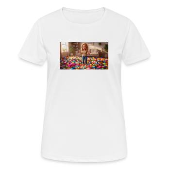 Fille debout pieds nus dans une pièce pleine de chaussons - T-shirt respirant Femme - blanc - Devant - AI Model Female 172 dark (172cm)