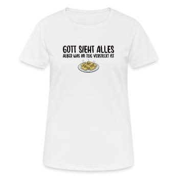 Maultaschen Gott sieht alles Schwäbisch - Frauen T-Shirt atmungsaktiv - Weiß - Vorne - AI Model Female 172 dark (172cm)