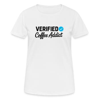 Verifizierter Kaffeesüchtiger lustiger Koffeinliebhaber-Abzeichen - Frauen T-Shirt atmungsaktiv - Weiß - Vorne - AI Model Female 172 dark (172cm)