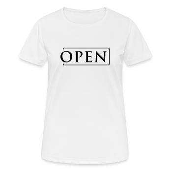 OPEN in Rahmen - Frauen T-Shirt atmungsaktiv - Weiß - Vorne - AI Model Female 172 dark (172cm)