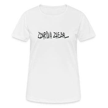 „Zdarova zaebal“ (здaрoвa заебал) ist eine Gruß - Frauen T-Shirt atmungsaktiv - Weiß - Vorne - AI Model Female 172 dark (172cm)