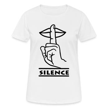 Hand mit Finger Stille Handgeste 'STILLE' - Frauen T-Shirt atmungsaktiv - Weiß - Vorne - AI Model Female 172 dark (172cm)