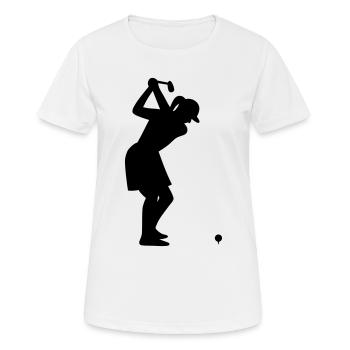 Golferin mit Golfball beim Abschlag - Frauen T-Shirt atmungsaktiv - Weiß - Vorne - AI Model Female 172 dark (172cm)