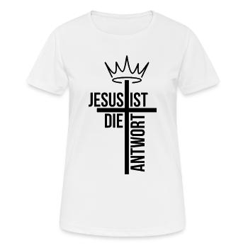 Jesus ist die Antwort – Christliches T-Shirt - Frauen T-Shirt atmungsaktiv - Weiß - Vorne - AI Model Female 172 dark (172cm)