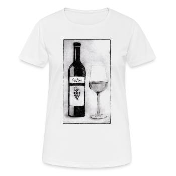 Bouteille de vin avec verre - Gravée à la main imprimable - T-shirt respirant Femme - blanc - Devant - AI Model Female 172 dark (172cm)