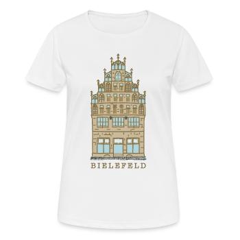 Bielefeld, Wahrzeichen Crüwellhaus, Markt - Frauen T-Shirt atmungsaktiv - Weiß - Vorne - AI Model Female 172 dark (172cm)