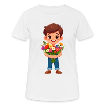 Garçon de dessins animés avec un bouquet coloré de fleurs – Cadeau - T-shirt respirant Femme - blanc - Devant - AI Model Female 172 dark (172cm)