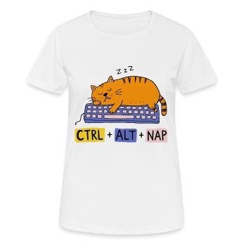 Lustiges "Strg + Alt + Nickerchen"-Nerdy Tastatur-Katzen-Design - Frauen T-Shirt atmungsaktiv - Weiß - Vorne - AI Model Female 172 dark (172cm)