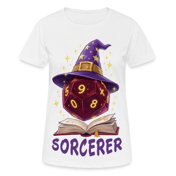 W20 schwebend über Buch – Sorcerer Cartoon - Frauen T-Shirt atmungsaktiv - Weiß - Vorne - AI Model Female 172 dark (172cm)