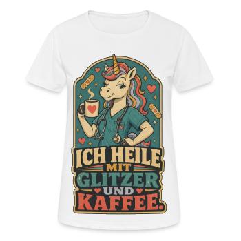 Einhorn Pflege Glitzer Kaffee Shirt - Frauen T-Shirt atmungsaktiv - Weiß - Vorne - AI Model Female 172 dark (172cm)