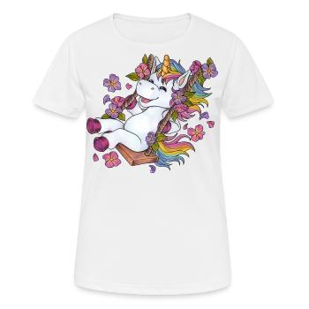 Niedliches Einhorn auf Schaukel Blumen Frühling - Frauen T-Shirt atmungsaktiv - Weiß - Vorne - AI Model Female 172 dark (172cm)