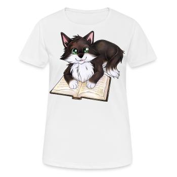 Niedliche Katze mit Buch Schwarzer Kater Geschenk - Frauen T-Shirt atmungsaktiv - Weiß - Vorne - AI Model Female 172 dark (172cm)
