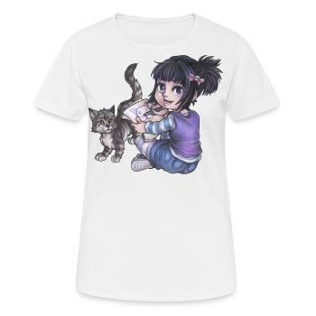 Niedliches Chibi Girl Mädchen mit Katze Gothic Fan - Frauen T-Shirt atmungsaktiv - Weiß - Vorne - AI Model Female 172 dark (172cm)