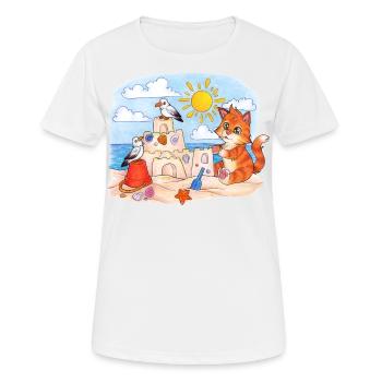 Niedliche Katze am Strand mit Sandburg Sommer - Frauen T-Shirt atmungsaktiv - Weiß - Vorne - AI Model Female 172 dark (172cm)