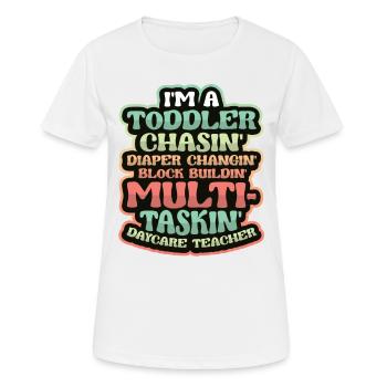 Toddler chases diaper changing childminder - Women's Breathable T-Shirt - white - Front - AI Model Female 172 dark (172cm)