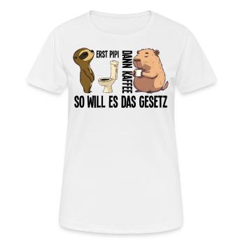 Morgen Faultier Capybara Erst Pinkeln Dann Kaffee - Frauen T-Shirt atmungsaktiv - Weiß - Vorne - AI Model Female 172 dark (172cm)