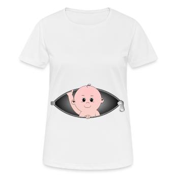 Child coming out of a zippered pocket - Women's Breathable T-Shirt - white - Front - AI Model Female 172 dark (172cm)