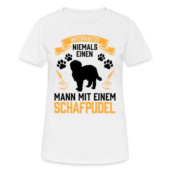 Mann mit Schafpudel altdeutscher Hütepudel - Frauen T-Shirt atmungsaktiv - Weiß - Vorne - AI Model Female 172 dark (172cm)