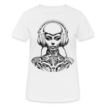 Sci-Fi T-Shirt: Rasierter Kopf und Kopfhörer - Frauen T-Shirt atmungsaktiv - Weiß - Vorne - AI Model Female 172 dark (172cm)