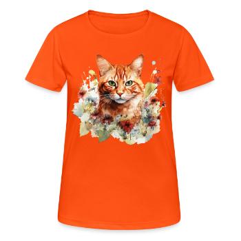 Rote Katze Tigerkatze Blumen Aquarell Kunst Bunt - Frauen T-Shirt atmungsaktiv - Neonorange - Vorne - AI Model Female 172 dark (172cm)