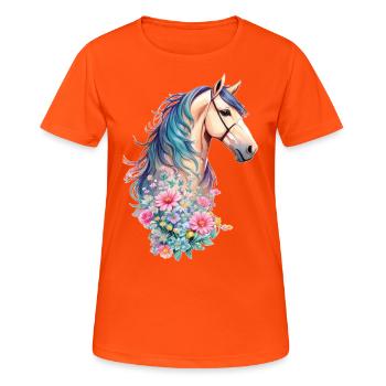 Beautiful horses breed horse with pastel flowers - Women's Breathable T-Shirt - neon orange - Front - AI Model Female 172 dark (172cm)