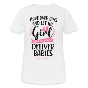 Infirmière spécialisée dans le travail et l’accouchement - T-shirt respirant Femme - blanc - Devant - AI Model Female 172 dark (172cm)