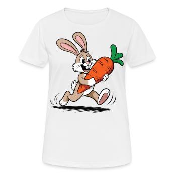 Flinker Hase mit Möhre – Lustiges Cartoon Design - Frauen T-Shirt atmungsaktiv - Weiß - Vorne - AI Model Female 172 dark (172cm)