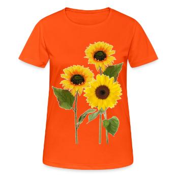 Drei Sonnenblumen - Frauen T-Shirt atmungsaktiv - Neonorange - Vorne - AI Model Female 172 dark (172cm)