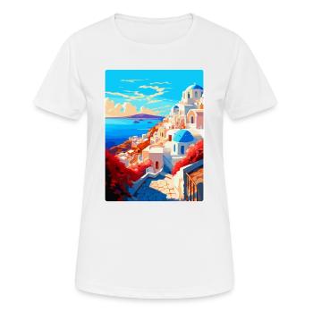 Santorini Griechenland Vintage Reiseplakat Souvenir - Frauen T-Shirt atmungsaktiv - Weiß - Vorne - AI Model Female 172 dark (172cm)