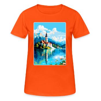 Lac de Bled, Slovénie, Affiche de voyage vintage, Souvenir - T-shirt respirant Femme - orange néon - Devant - AI Model Female 172 dark (172cm)