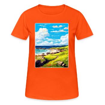 Isle Of Coll Schottland UK Vintage Reiseposter WPA - Frauen T-Shirt atmungsaktiv - Neonorange - Vorne - AI Model Female 172 dark (172cm)