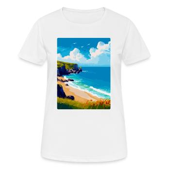 Porthcurno Beach Cornwall England Uk Travel Poster - Women's Breathable T-Shirt - white - Front - AI Model Female 172 dark (172cm)
