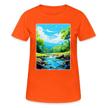 Golitha Falls, England, Vereinigtes Königreich, Reiseposter, Souvenir - Frauen T-Shirt atmungsaktiv - Neonorange - Vorne - AI Model Female 172 dark (172cm)