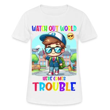 Watch out world - here comes trouble - Women's Breathable T-Shirt - white - Front - AI Model Female 172 dark (172cm)