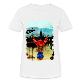 Rostock Stadthafen blonde Frau Illustration - Frauen T-Shirt atmungsaktiv - Weiß - Vorne - AI Model Female 172 dark (172cm)