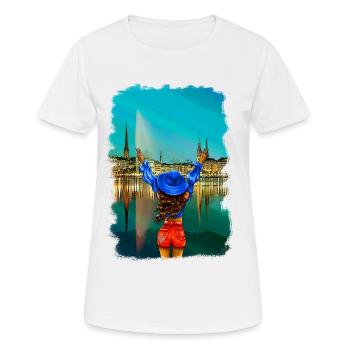 Hamburger Frau brünett Skyline Illustration - Frauen T-Shirt atmungsaktiv - Weiß - Vorne - AI Model Female 172 dark (172cm)