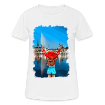 Blonde Hamburger Frau Skyline Illustration - Frauen T-Shirt atmungsaktiv - Weiß - Vorne - AI Model Female 172 dark (172cm)