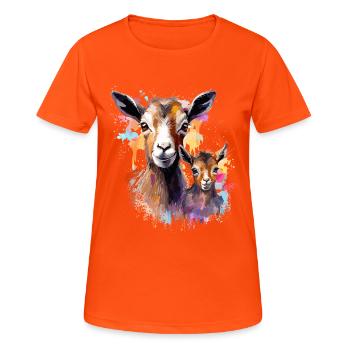 Ziege, Biquette, Mutter Ziege und ihr Zicklein - Frauen T-Shirt atmungsaktiv - Neonorange - Vorne - AI Model Female 172 dark (172cm)