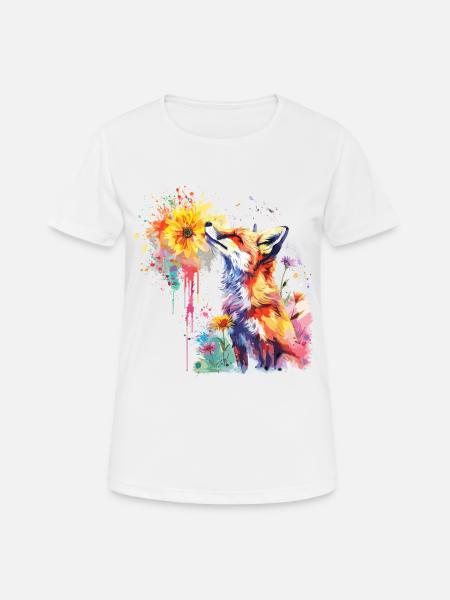Fuchs mit Aquarellblume, Fuchs - Frauen T-Shirt atmungsaktiv - Weiß