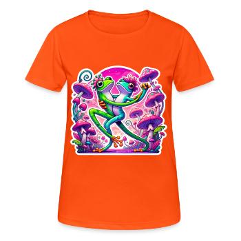 Frösche, die unter Pilzen tanzen - Frauen T-Shirt atmungsaktiv - Neonorange - Vorne - AI Model Female 172 dark (172cm)