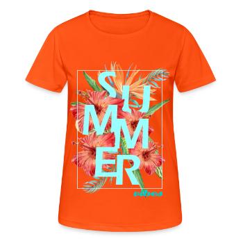 "SUMMER VIBES" design - hibiscus - Frauen T-Shirt atmungsaktiv - Neonorange - Vorne - AI Model Female 172 dark (172cm)