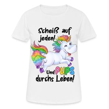 Scheiß auf jeden und Pups durchs Leben - Einhorn - Frauen T-Shirt atmungsaktiv - Weiß - Vorne - AI Model Female 172 dark (172cm)