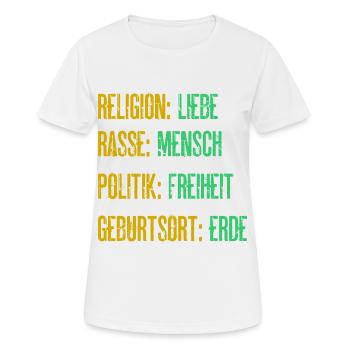Religion Liebe Rasse Mensch Politik Freiheit - Frauen T-Shirt atmungsaktiv - Weiß - Vorne - AI Model Female 172 dark (172cm)