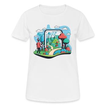 Augmented-Reality-Erkundung - Frauen T-Shirt atmungsaktiv - Weiß - Vorne - AI Model Female 172 dark (172cm)