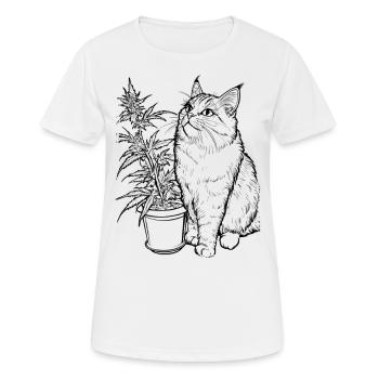 Chat avec plante de cannabis : Tigre domestique avec chanvre - T-shirt respirant Femme - blanc - Devant - AI Model Female 172 dark (172cm)